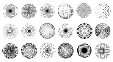 Dinamik arkaplan, optik illüzyon ve geleceksel vektör tasarımı için geometrik girdaplar ve günışığı ışınları ile radikal çember deseni. Modern doku için soyut konsantre halkalar ve noktalı yarım ton.