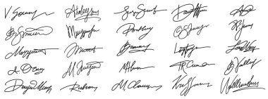 El yazısı imza ve sahte imza vektör seti. Yasal belge ve dijital doğrulama mühürleri için mürekkep karalaması ve yazı. Sertifika onayı ve kimlik kartı için kişisel el yazısı logoları.