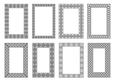Fas Arabesk çerçeve sınırı, Arapça mozaik köşeler ve sertifika için Arabesk rozetleri, İslami davetiye kartı ve Arap zarif etiketleri. Müslüman sancakları için Geometrik bölücüler.