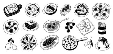 Akdeniz İtalyan yemek karalama seti. Elle çizilmiş makarna, pizza ve deniz ürünleri, pansiyon, ravioli ve biftek, karides ve spagetti, restoran menüsü için zeytin, kafe paketleme. Vektör çizimi izole edildi.