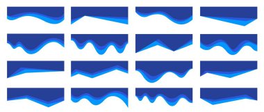 Kağıt kesikli dalgalı başlık ve mavi gradyan dalga pankartıyla başlık, iniş sayfası sınır ayırıcı. Geometrik açılı ayırıcı ve kurdele şeridi, dipnot çerçeve vektör kırpma elemanları.