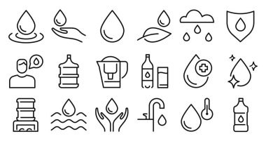 Su damlası ikonları. Damlacıklar ve eko filtreleme kalkanı ve su güvenliği veya su saflığı. Aqua, içki kalitesi, yağmur bulutu ve musluk sembolü, sıhhi tesisat işareti. Vektör izole edildi.