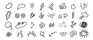 Çizgi roman karalama seti. Reaksiyon işaretleri ve hareket kıvılcımları manga hareketi, konuşma balonu ve şok veya patlama sesi için. El çizimi vurgular, hız aksanları izole edilmiş vektör kümesi.