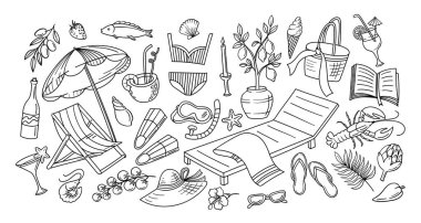 Plaj yazı, dolce vita doodle. Güneş yatağı, deniz ürünleri ve kokteyl, meyve ve dondurma, kitap ve mayo, sahil tatil beldesi için mum ve plaj şemsiyesi, tatil tekstili, tropikal dinlenme salonu vektörü seti.