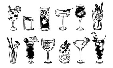 Kokteyl karalaması. Cin toniği, mojito ve margarita, sangria ve Long Island, bar menüsü, parti ve kafe için martini bardakları ve narenciye, restoran tasarımı. El yapımı içecek, içecek vektörü izole edildi.