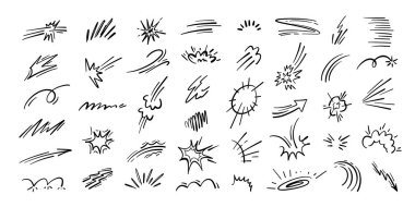 Hareket karalaması. Enerji patlamaları ve hız çizgisi çizgi roman hareketi, anime etkisi ve çizgi film dinamik hareketi veya gücü için izler. El yapımı bomba patlaması, parlak aksan izole vektör seti.