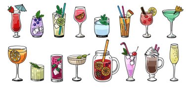 Kokteyl el çizimi hazır. İçecekler ve alkollü içecekler. limonata, mojito ve şarap, punç ve cin tonik, margarita ve sangria, vişneli soda ve şampanya, martini bardağı. İzole vektör kümesi.