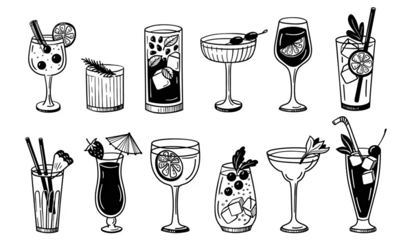 Kokteyl karalaması. Cin toniği, mojito ve margarita, sangria ve Long Island, bar menüsü, parti ve kafe için martini bardakları ve narenciye, restoran tasarımı. El yapımı içecek, içecek vektörü izole edildi.