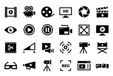 Video simgeleri. Kamera deklanşörü, film makarası, film ve yayın, alkış sembolü, sinema ve medya içeriği oynatıcısı. Yayın düğmesi, stüdyo ışığı ve flaş, projektör. Video üretim izole vektörü.