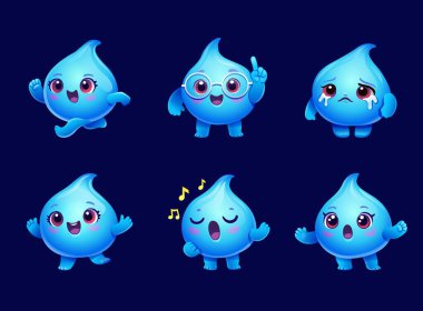 Su damlası karakteri. Şirin mavi su damlası maskotu koşuyor, el sallıyor, şarkı söylüyor, gözlük takıyor, poz veriyor, hüzünlü gözyaşları, şaşırmış neşe, neşeli bir ruh hali. Komik emoji çizgi film duygu vektörü izole edildi.