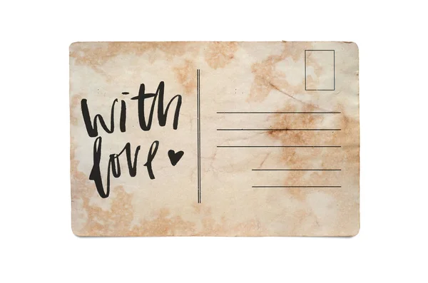 With love. Lettering on a vintage postcard. Isolated on white — Stock Photo, Image