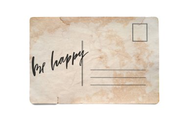 Mutlu ol. Eski bir kartpostalda mektup. Beyazda izole edilmiş.