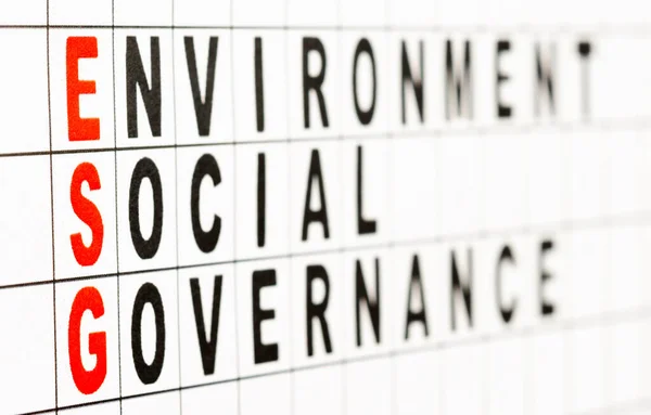 ESG. Environmentální sociální a vládní podnikatelský koncept. Text na papíře. Selektivní zaměření, boční pohled — Stock fotografie