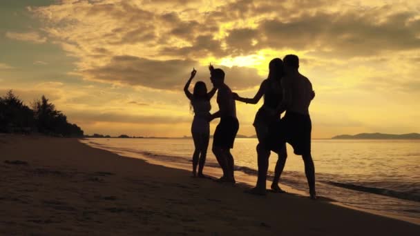 Grupy Przyjaciół Tańczyły Uczcić Przyjęcie Plaży Wieczorem Kiedy Słońce Zachodziło — Wideo stockowe