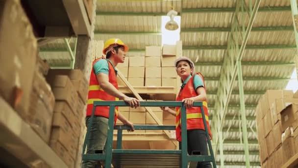 Trabajadores Asiáticos Usan Escaleras Para Organizar Almacenes Pisos Altos — Vídeo de stock