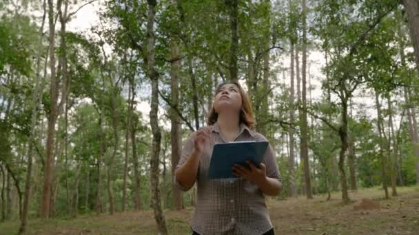 Жінка Дослідниця Ходить Академічні Записи Лісі — стокове відео