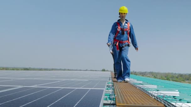 女工和工程师正在探索在工厂屋顶上安装太阳能电池板的可能性 — 图库视频影像