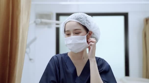 Beautiful Doctor Nurse Surgical Gown Taking Mask Smiling — Αρχείο Βίντεο