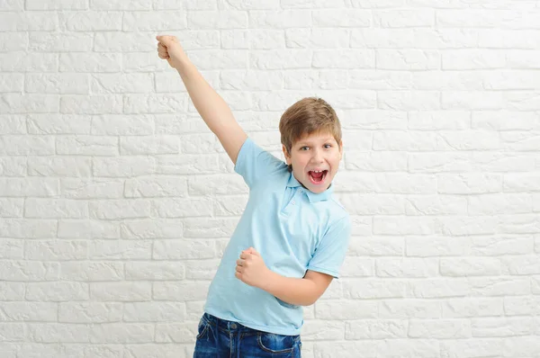 Happy Boy Making Dab Arms Gesture White Studio Background Funny — Stock Photo, Image