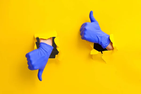 Cropped View Woman Colorful Gloves Yellow Background Concept Good Bad Stock Picture