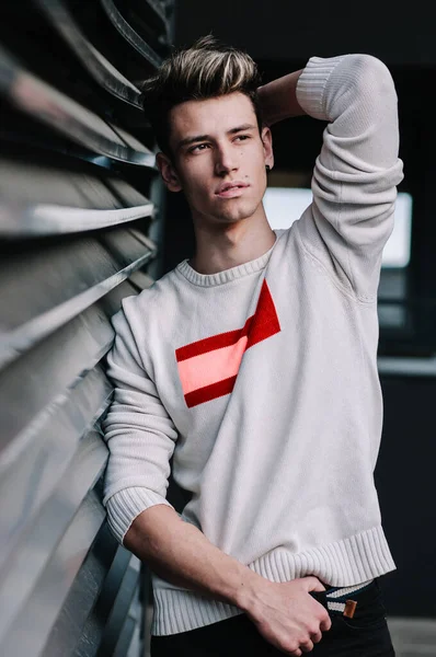 Genç bir adam, moda mankeni, ekose gömlek giyiyor ve arkasında yeşil bir kör var. Sakallı ve şehir arka planında modern saç stili olan adam..