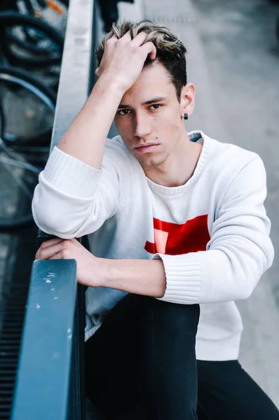 Young Man Model Fashion Wearing Plaid Shirt Green Blind Him — Stock Photo, Image