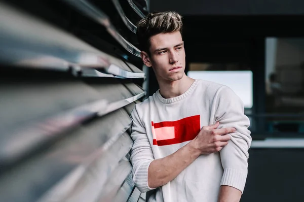 Young Man Model Fashion Wearing Plaid Shirt Green Blind Him Stock Image