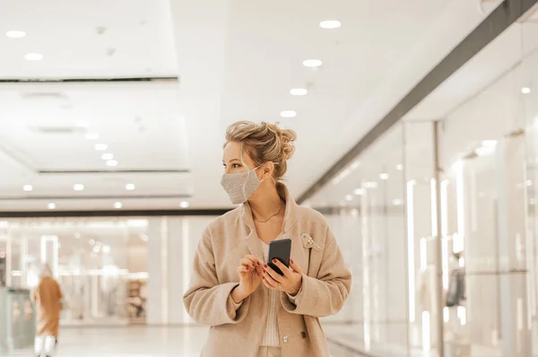 Woman Enjoying Day Shopping Mall Face Mask High Quality Photo Stock Image