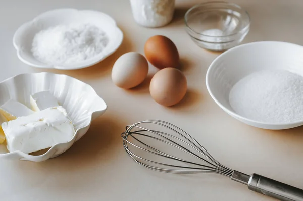 Baking Ingredients Beige Background Mockup Recipe Cooking Blog Eggs Flour — Stock Photo, Image