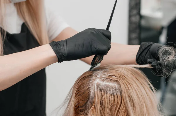 美容室の女の子 黒手袋の職人が髪にペイントを塗ります 毛染めサービス ストック写真