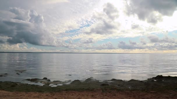 海岸の光の海と青い空と白い雲のある砂浜 — ストック動画