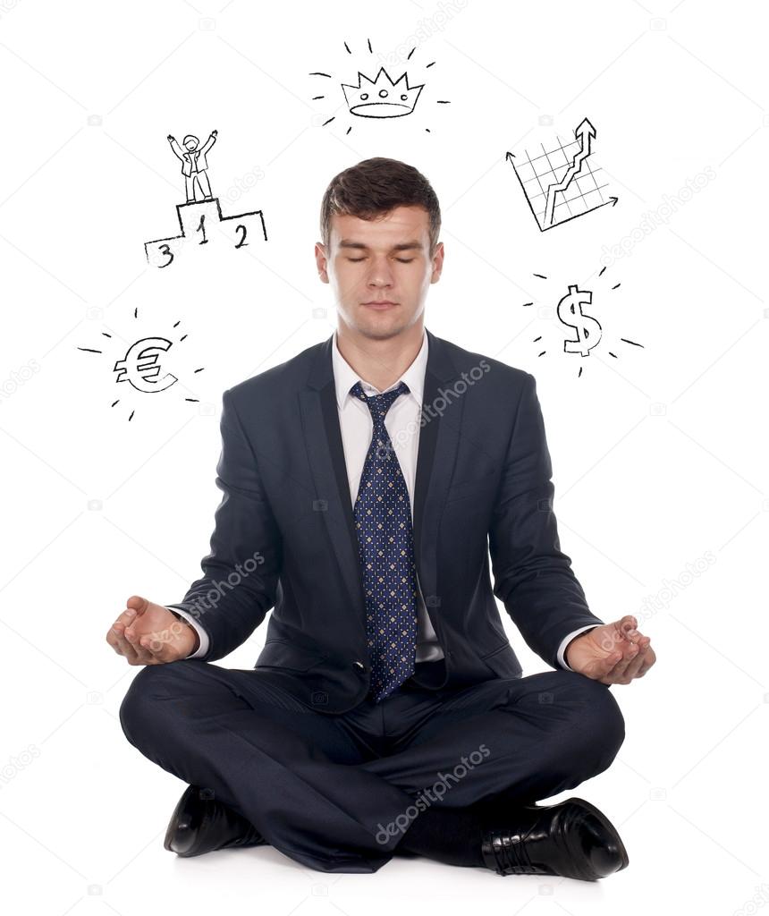 Businessman sitting in lotus position isolated on white 