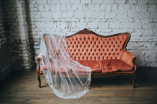 Bridal Veil on vintage sofa 