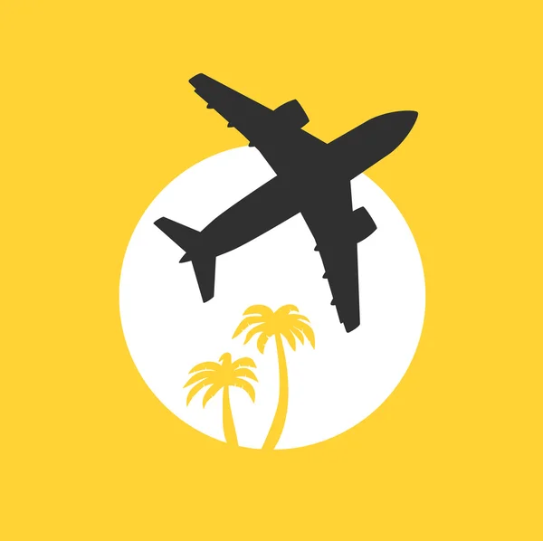 Vector illustration, jet airplane takeoff at dawn with palm trees. Travel and air transportation concept