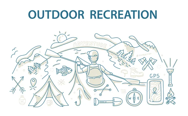 Концепция дизайна в стиле Doodle для отдыха на открытом воздухе и путешествий . Лицензионные Стоковые Векторы