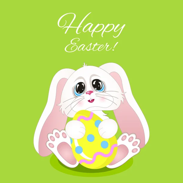 Vector holiday background with cute bunny, egg and text "Happy Easter". Bright card with smiling cartoon rabbit. Childish background. — Stock Vector