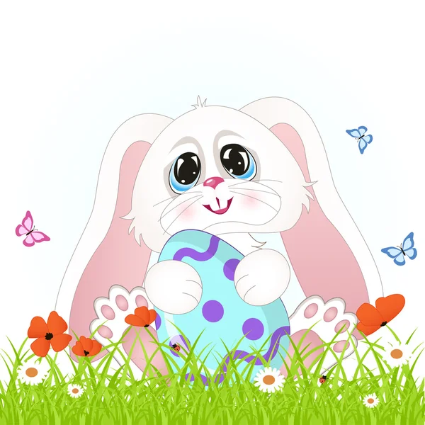 Cartoon easter scene. White Easter bunny with Easter egg in a field. — Stock Vector