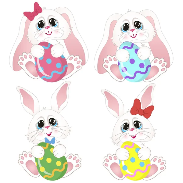 Easter bunny set - Easter bunnies with eggs - Cute cartoon characters — Stock Vector