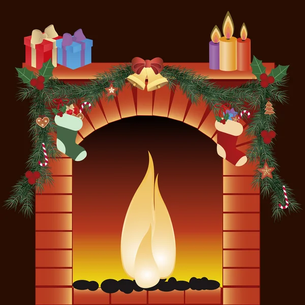 Illustration of christmas decoration around fire place — Stock Vector