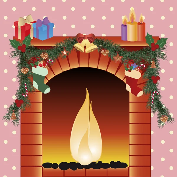 Illustration of christmas decoration around fire place — Stock Vector