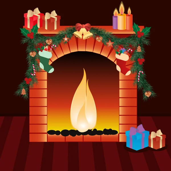 Illustration of christmas decoration around fire place — Stock Vector