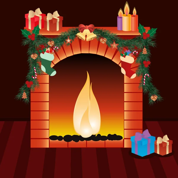 Ilustración de la decoración de Navidad alrededor de la chimenea — Vector de stock