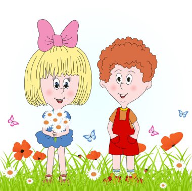 erkek ve kız çiçek, illüstrasyon, vektör yeşil çayır üzerinde.