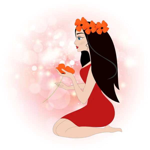 Chica con flor roja. Ilustración vectorial . — Vector de stock