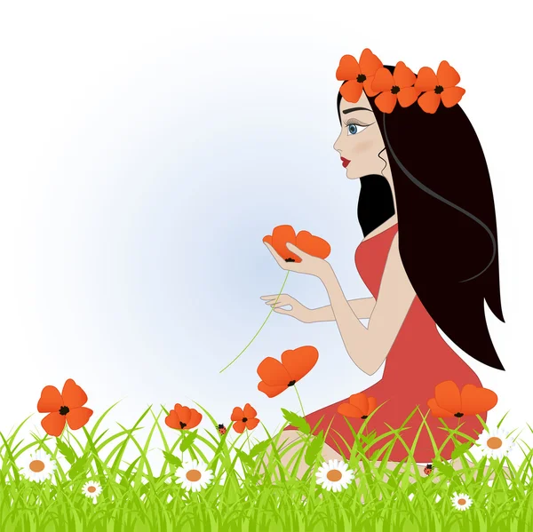 Dívka s červeným květem. Vektorové ilustrace. — Stockový vektor