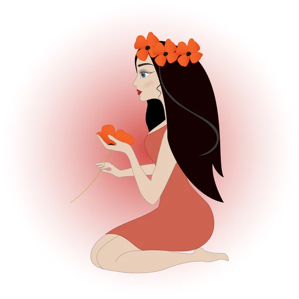 Chica con flor roja. Ilustración vectorial . — Vector de stock