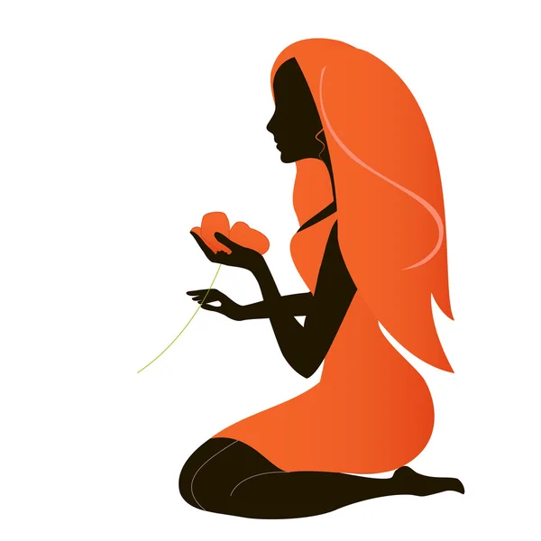 Silhouette fille en rouge avec fleur. Illustration vectorielle . — Image vectorielle