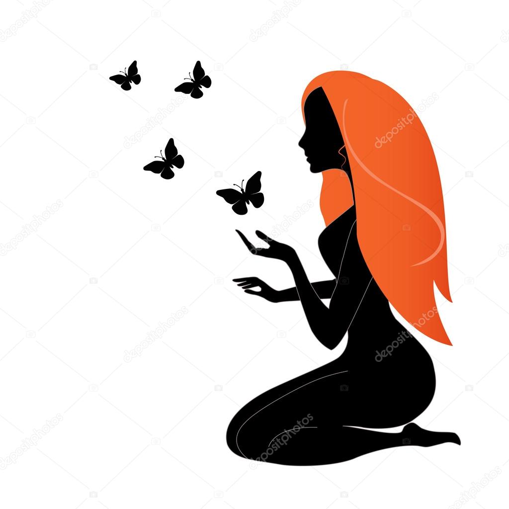 silhouette girl in red with butterfly on a white background. Vector illustration.