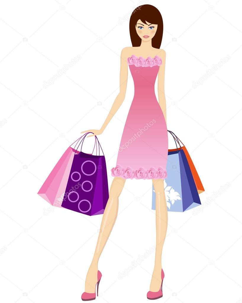 cute cartoon girl in summer dress, shopping