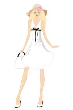 Geniş bir şapkayla poz beyaz elbiseli güzel kız. Vektör çizim.